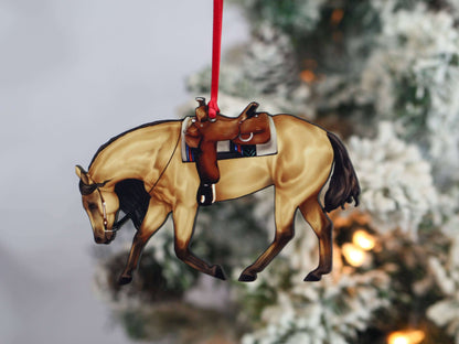 Buckskin Western riding quarter horse Christmas ornament by Classy Equine, detailed metal horse ornament with festive design
