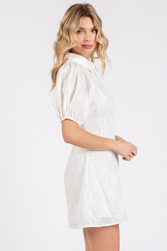 White Eyelet Collared Button Down Mini Dress with Puff Sleeves