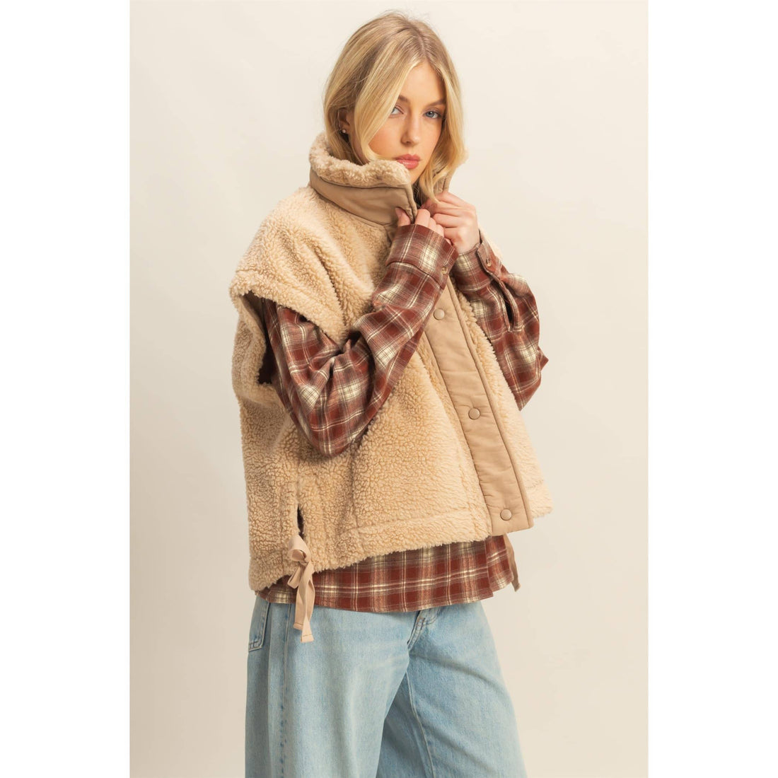 Cozy Sherpa Vest Jacket with Tie-Up Side Details