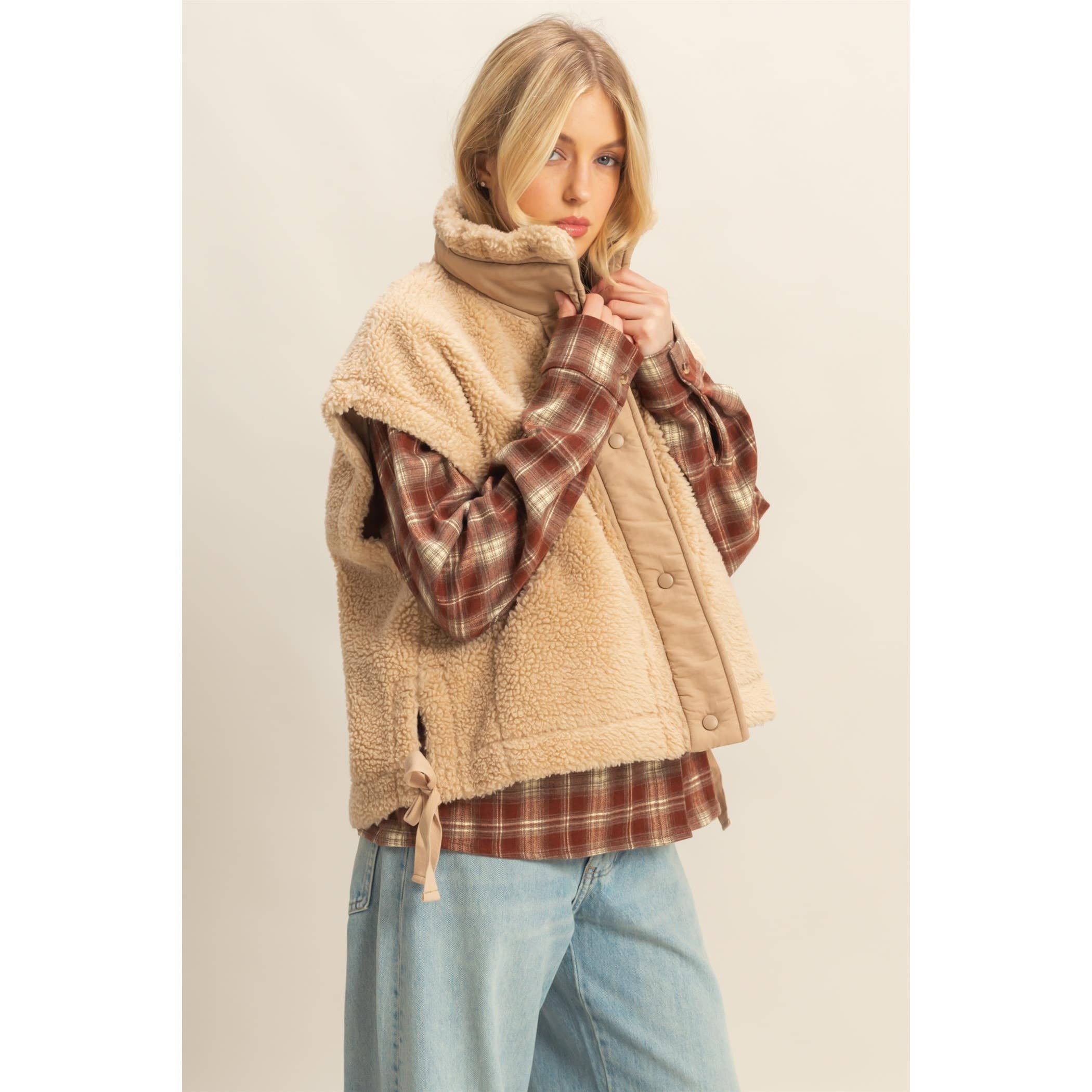 Cozy Sherpa Vest Jacket with Tie-Up Side Details