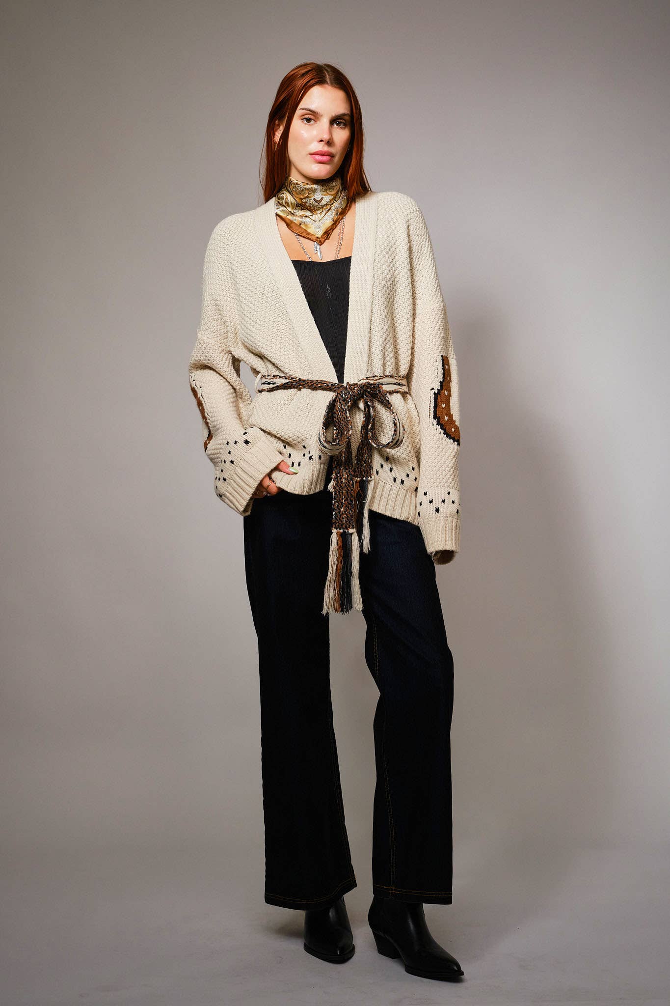 Western Horse Belted Cardigan Sweater