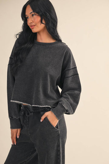 Denim Wash Cutout Back Layering Fleece-Lined Sweatshirt