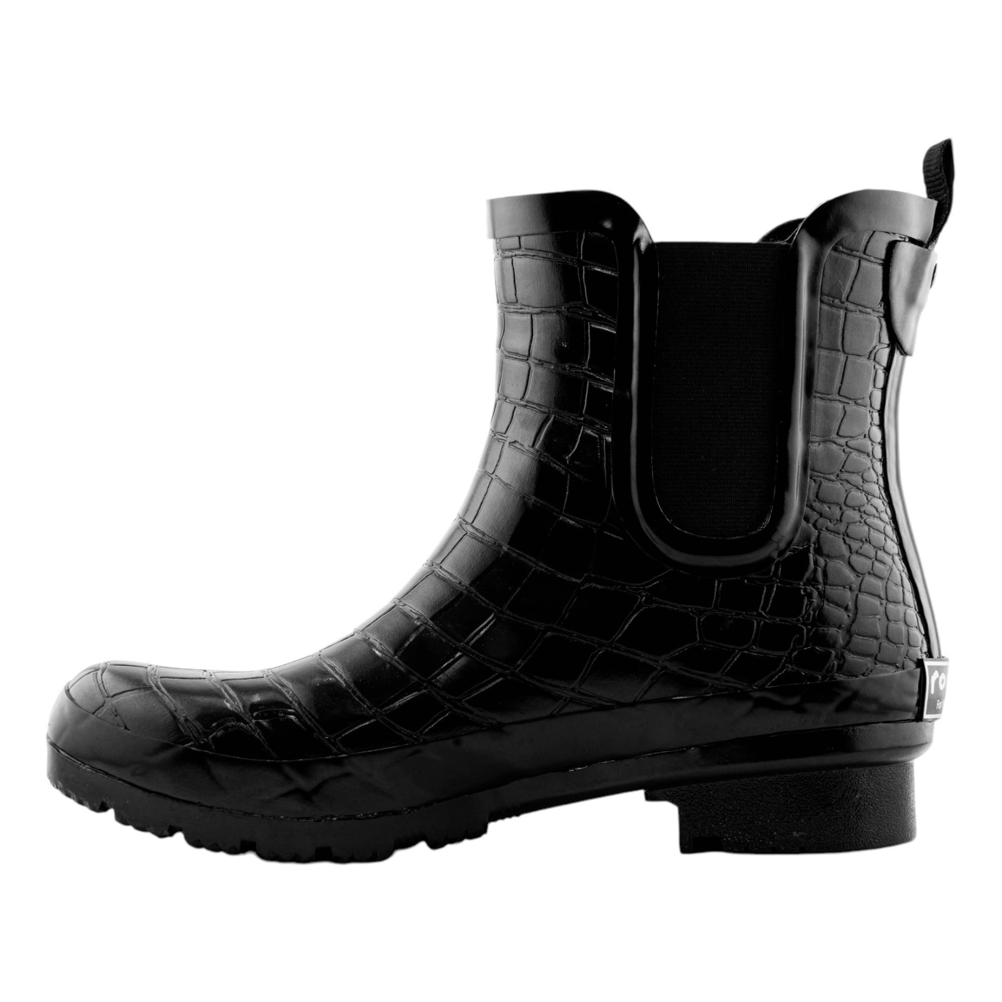 CHELSEA BLACK CROC EMBOSS WOMEN'S ANKLE RAIN BOOTS