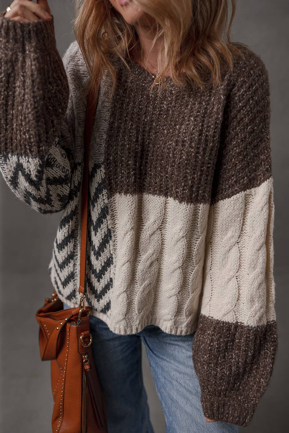 LDC Color Block Patchwork Knotted Back Loose Fit Sweater