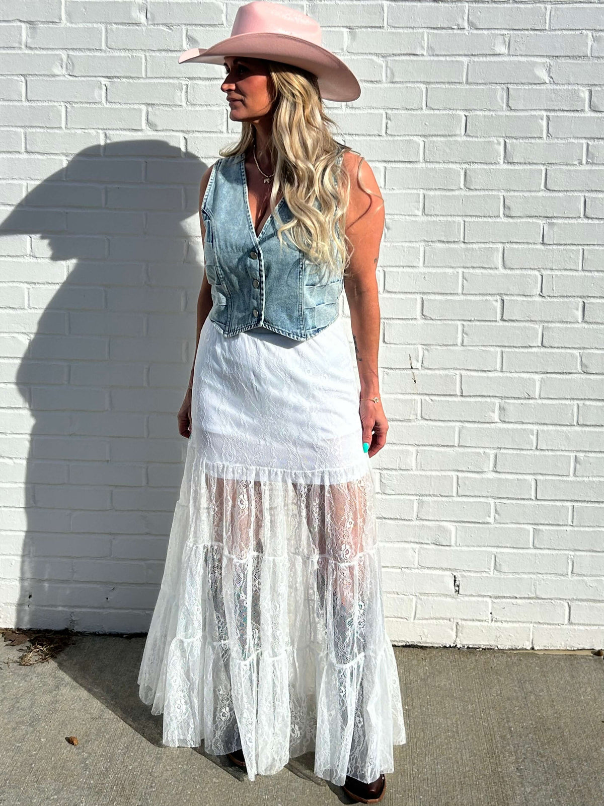 Lucky and Blessed long lace skirt, elegant women's bottoms with intricate lace detailing and flowing design.