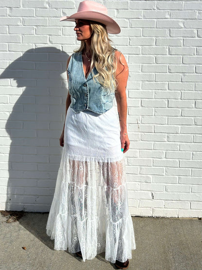 Lucky and Blessed long lace skirt, elegant women's bottoms with intricate lace detailing and flowing design.