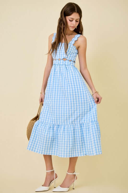 Day + Moon spring gingham midi dress with scalloped details, featuring a flowy silhouette and classic pattern.
