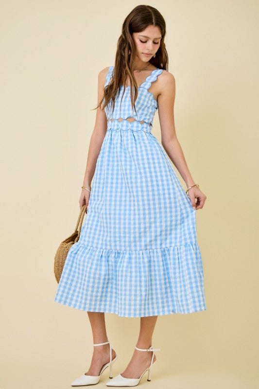 Spring Gingham Midi Maxi Spring Dress W/ Scalloped Details