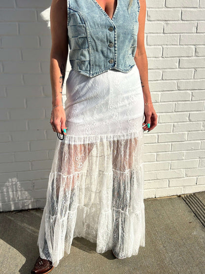 Lucky and Blessed long lace skirt in flowy, intricate lace with a fitted waistband and elegant tiered design.