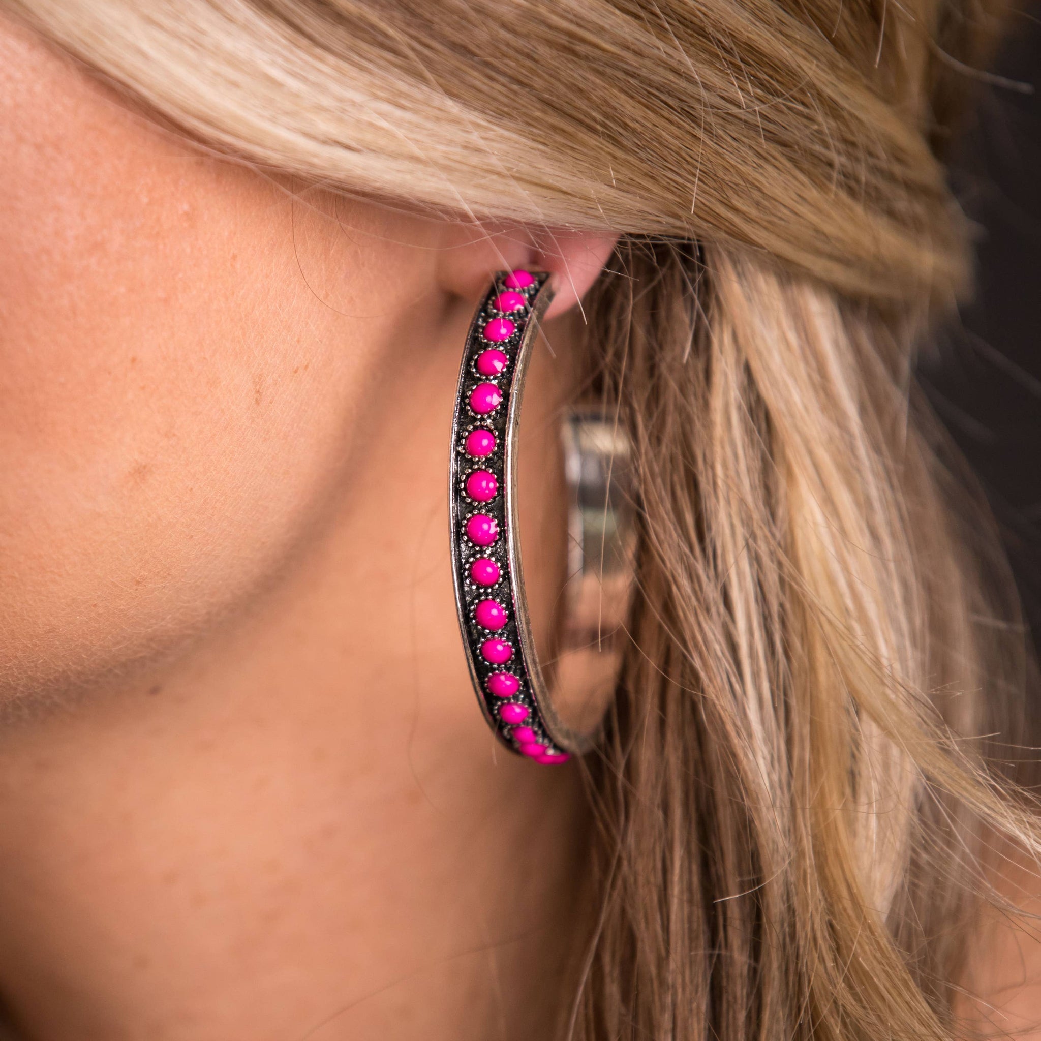 Burnished Silver and Pink Hoop Earring