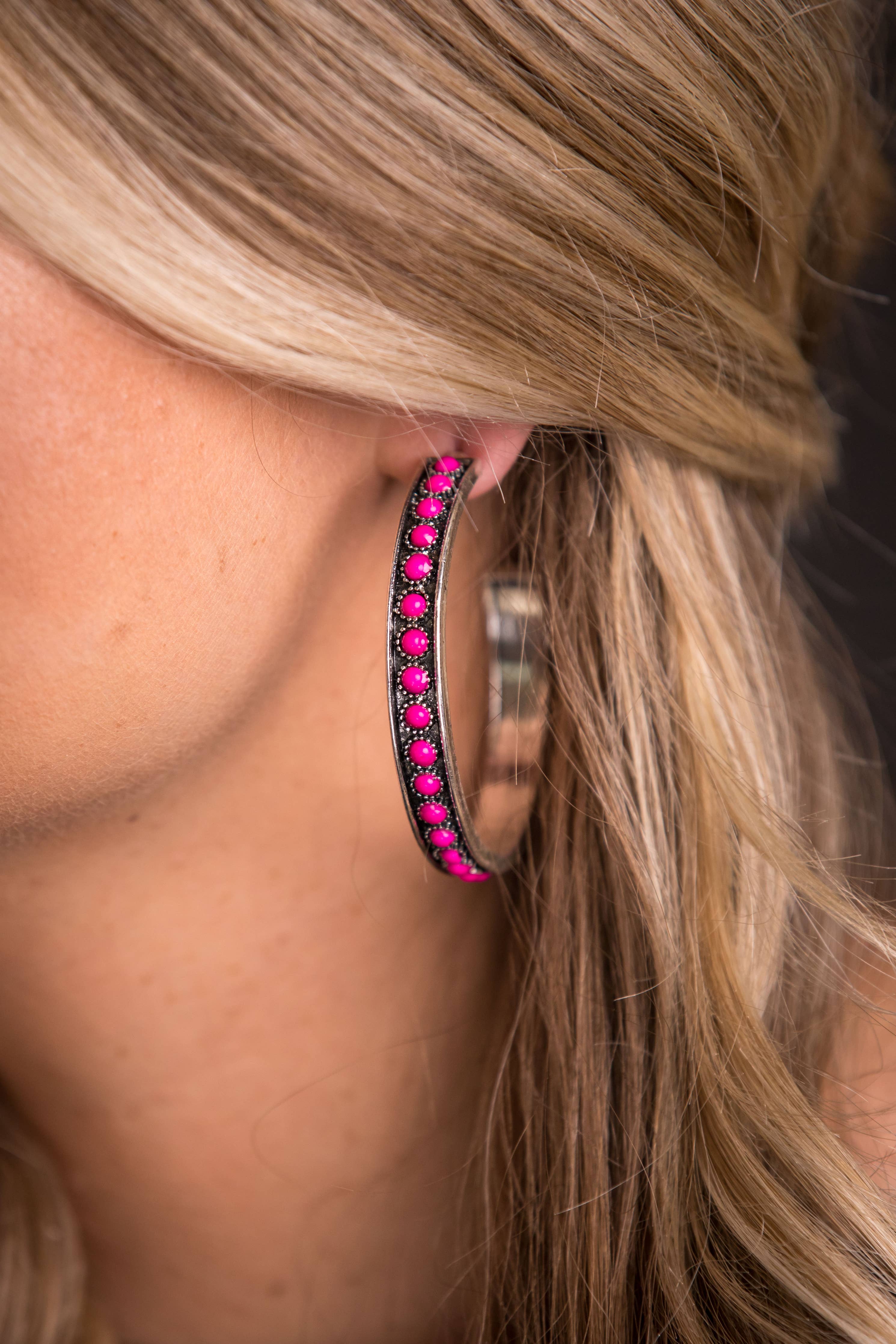 Burnished Silver and Pink Hoop Earring
