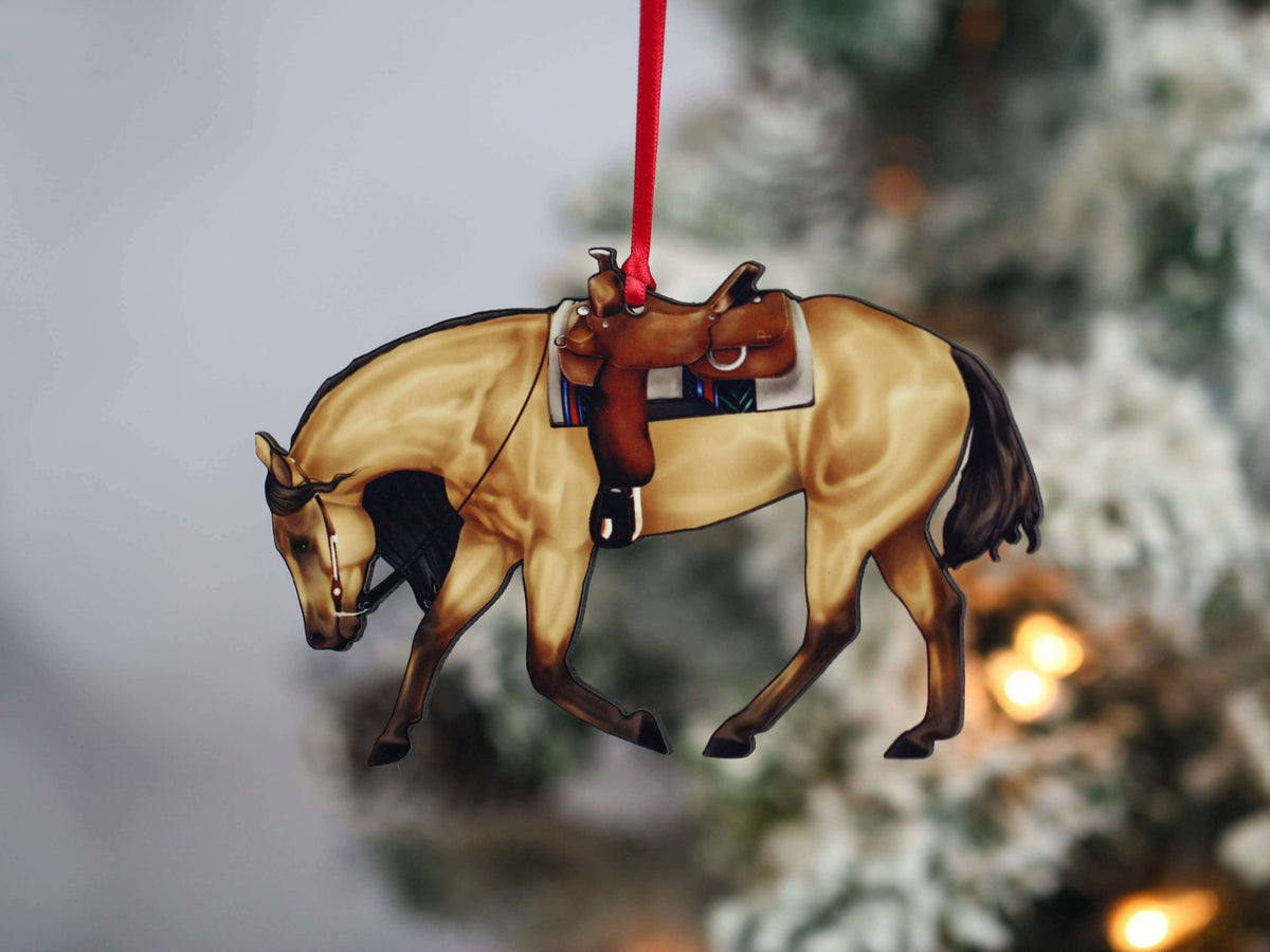 Buckskin Western riding quarter horse Christmas ornament by Classy Equine, detailed horse figurine with festive holiday design