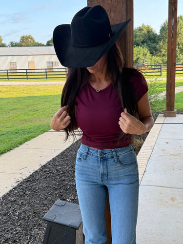 Burgundy Ribbed Lace Hem Crop Top | Women's Fitted Boutique Tee