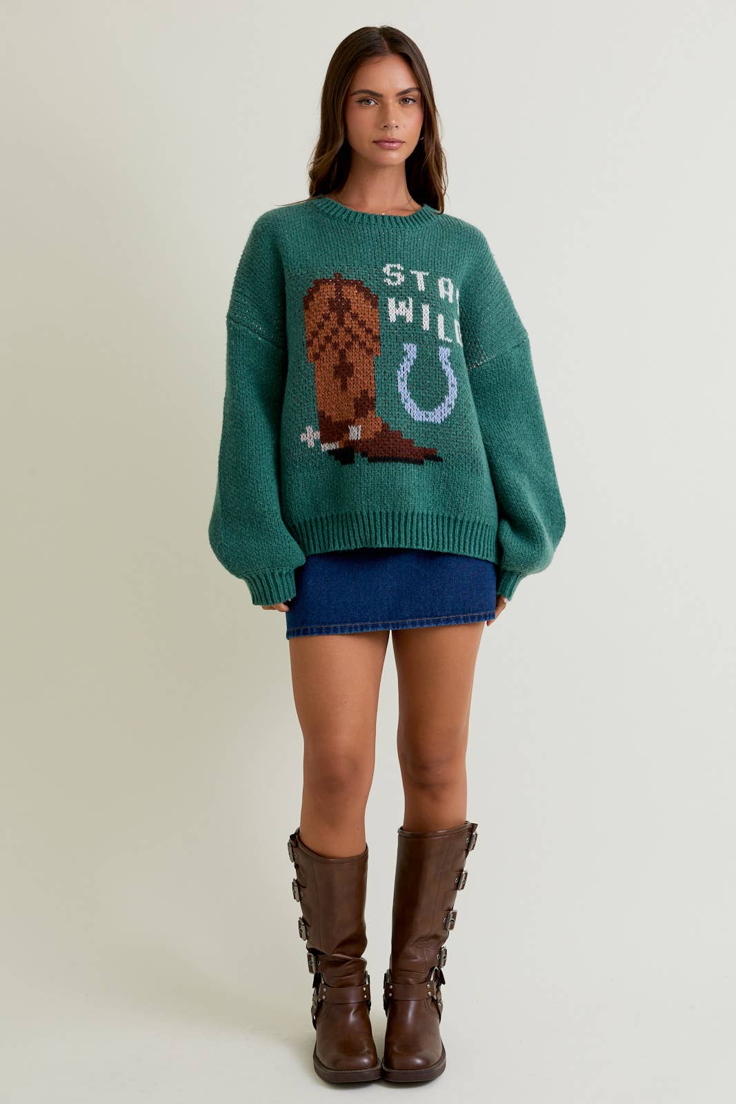 LONG SLEEVE CREW NECK COWGIRL WILD GRAPHIC SWEATER