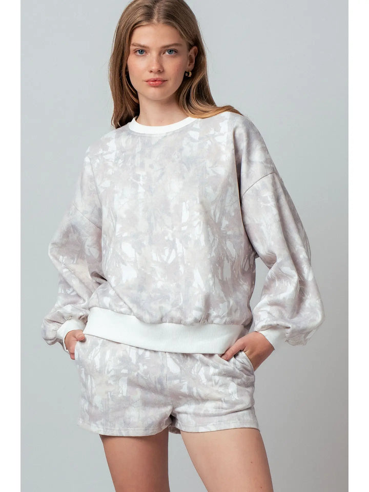 Relaxed Leaf Print Lounge Sweatshirt Set-Khaki