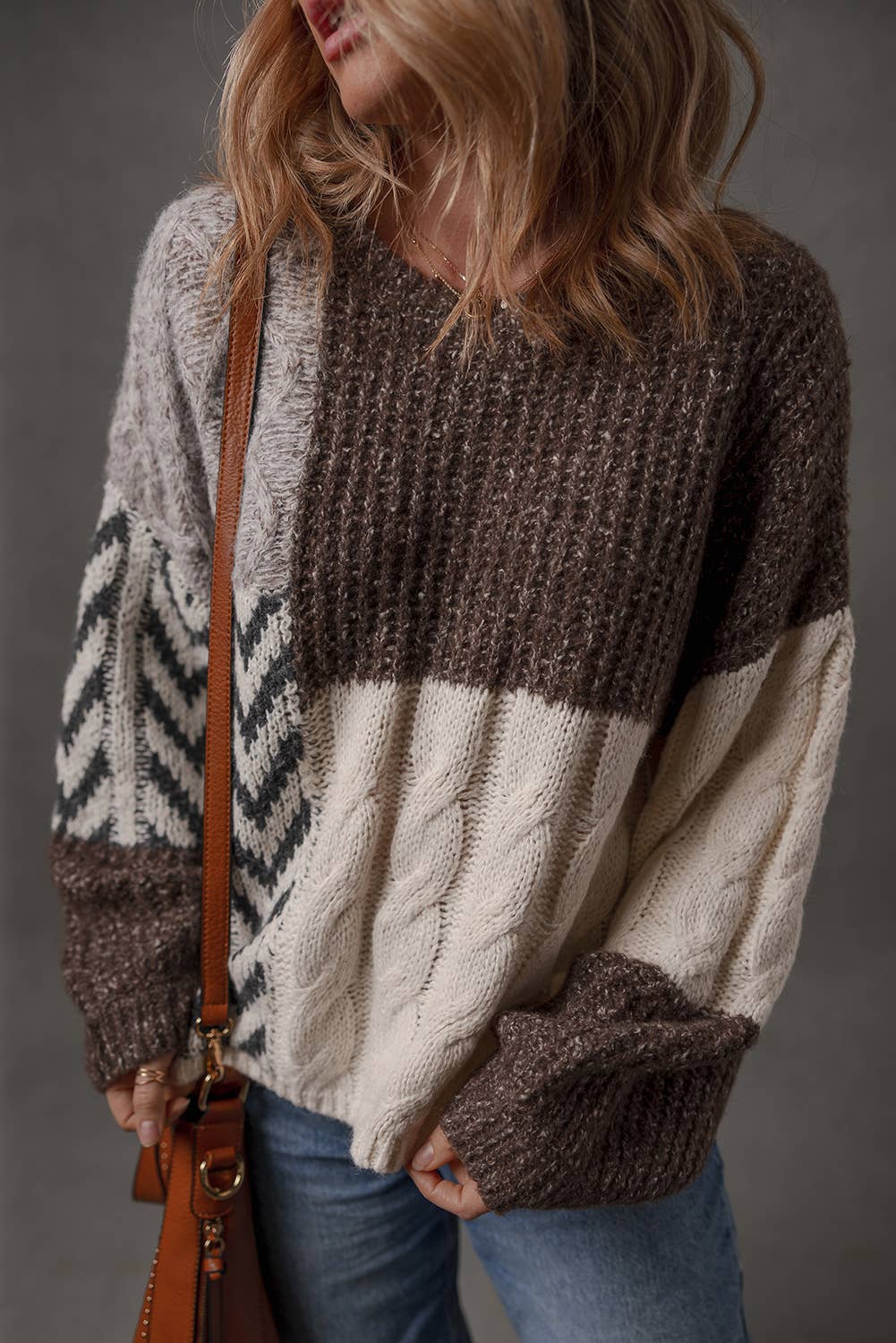 LDC Color Block Patchwork Knotted Back Loose Fit Sweater