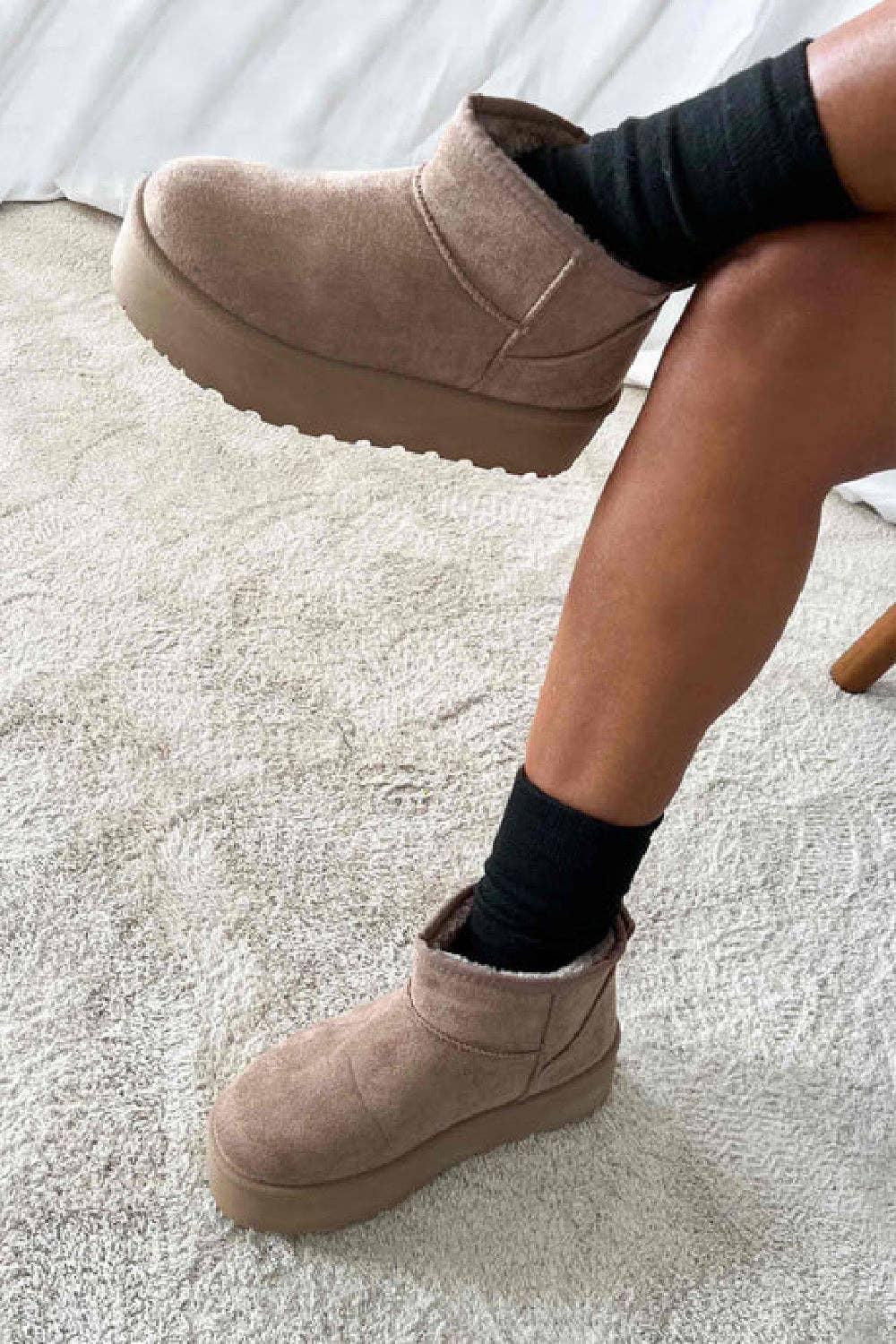 Camel Faux Fur Lined Ultra Mini Platform Women's Ankle Boots