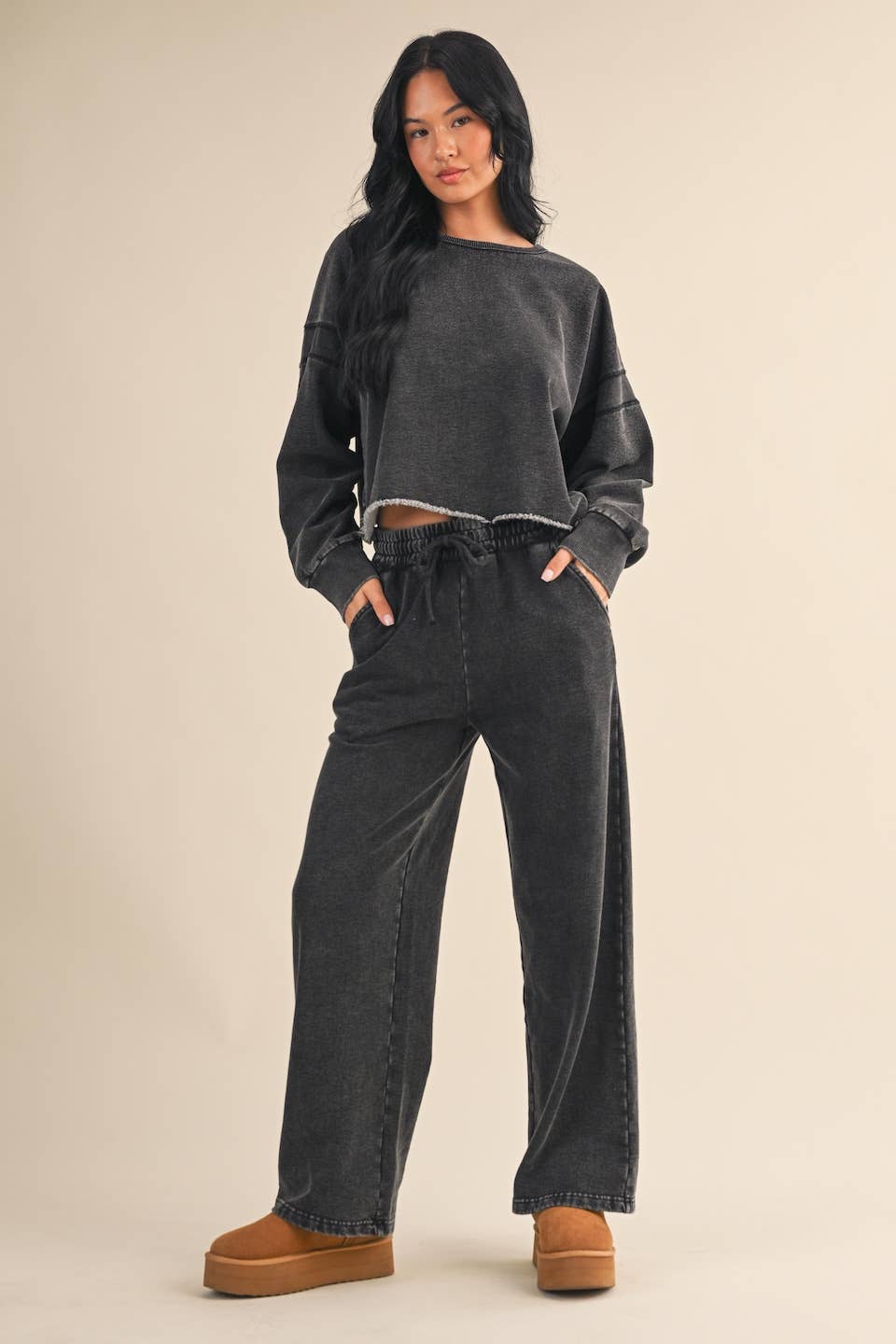 Denim Wash Cutout Back Layering Fleece-Lined Sweatshirt