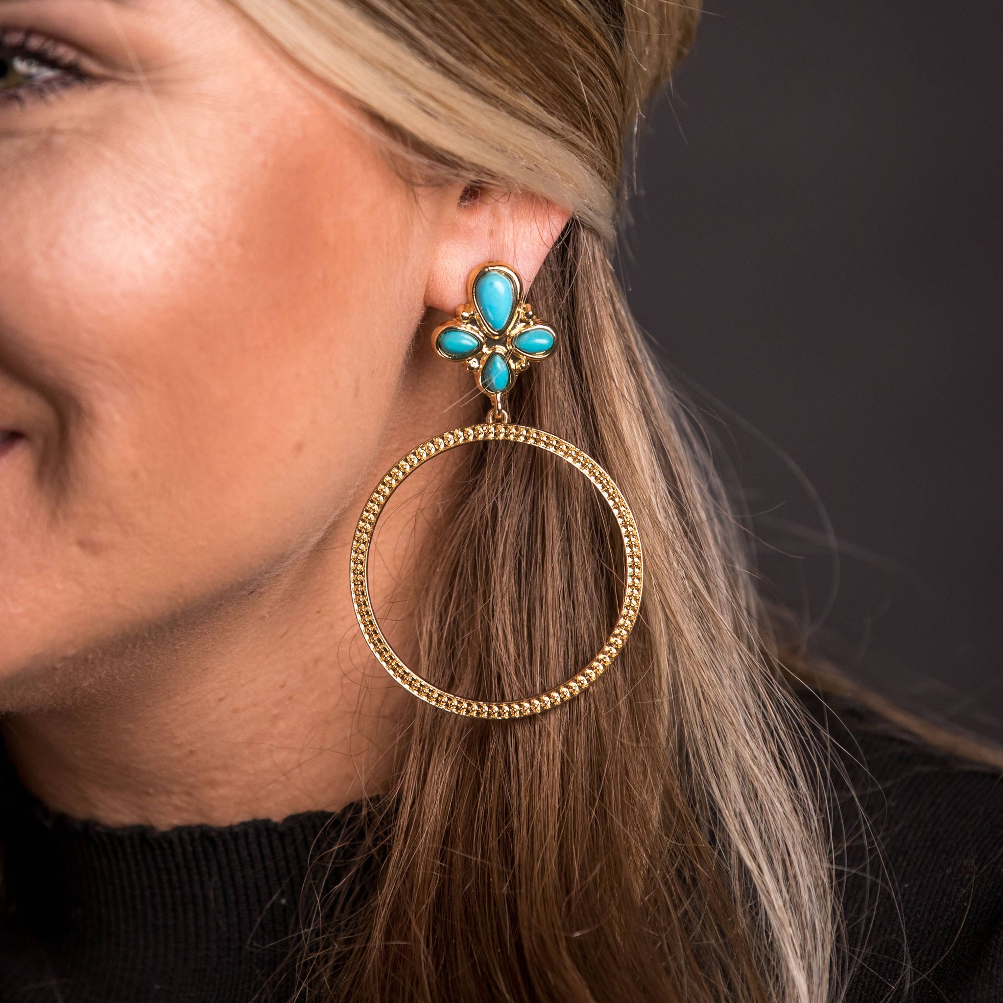Gold Dotted Hoop Earring on Turquoise Cluster Post