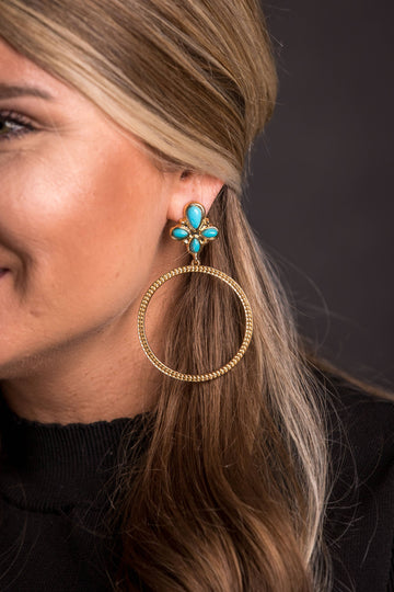 Gold Dotted Hoop Earring on Turquoise Cluster Post