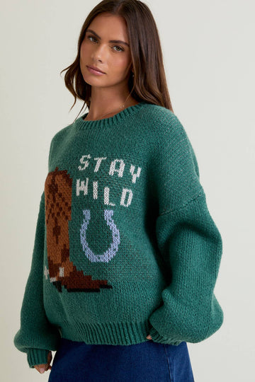 LONG SLEEVE CREW NECK COWGIRL WILD GRAPHIC SWEATER