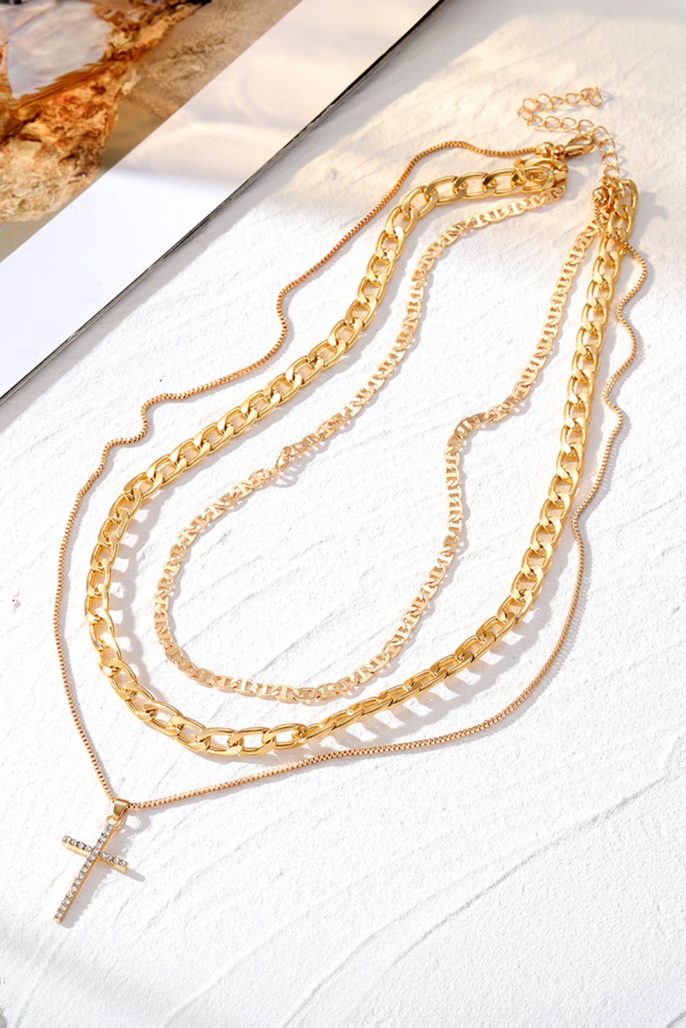 Plated Cross Pendant Multi Layer Stacked Chains Necklace