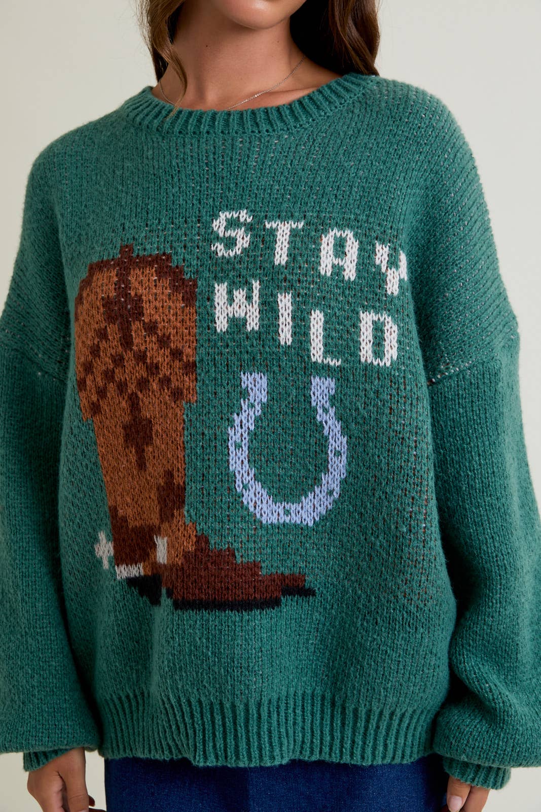 LONG SLEEVE CREW NECK COWGIRL WILD GRAPHIC SWEATER