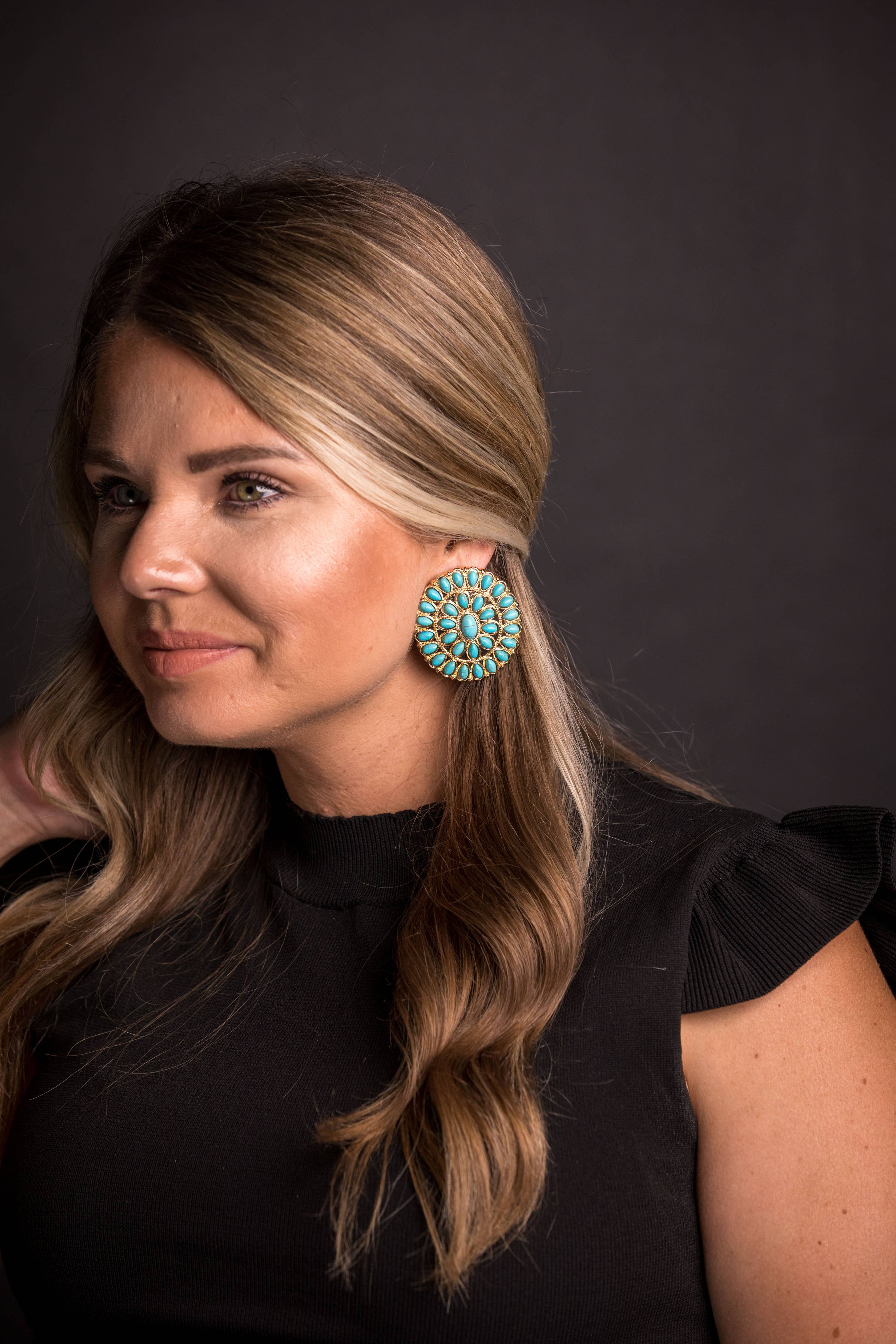 Large Gold and Turquoise Cluster Post Earring