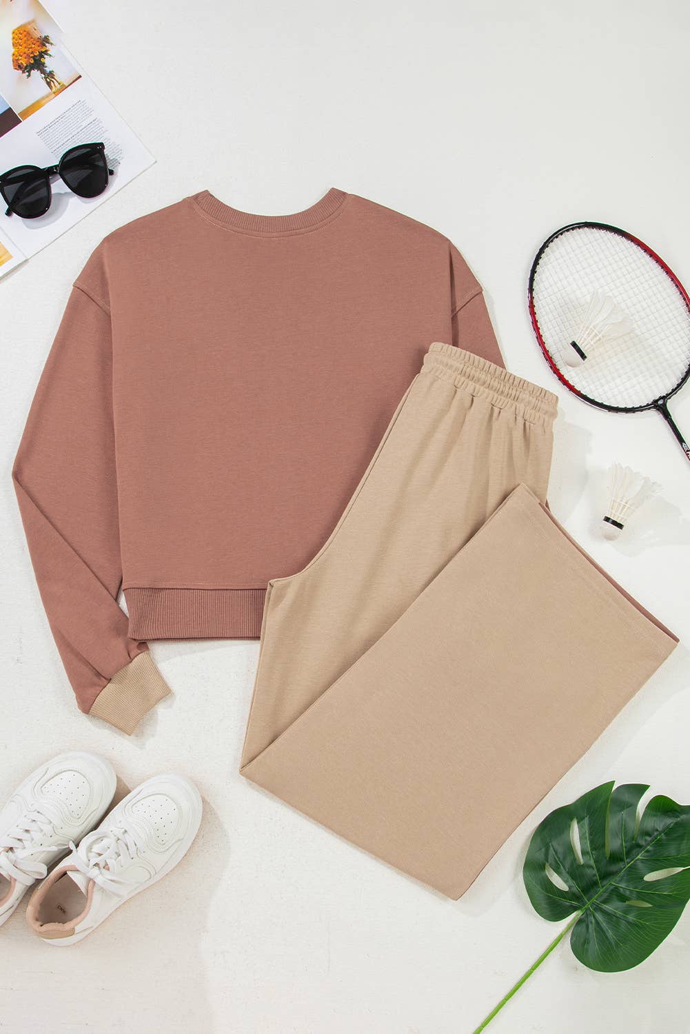 Color Block Drop Shoulder Lace-up High Waist Pants Set