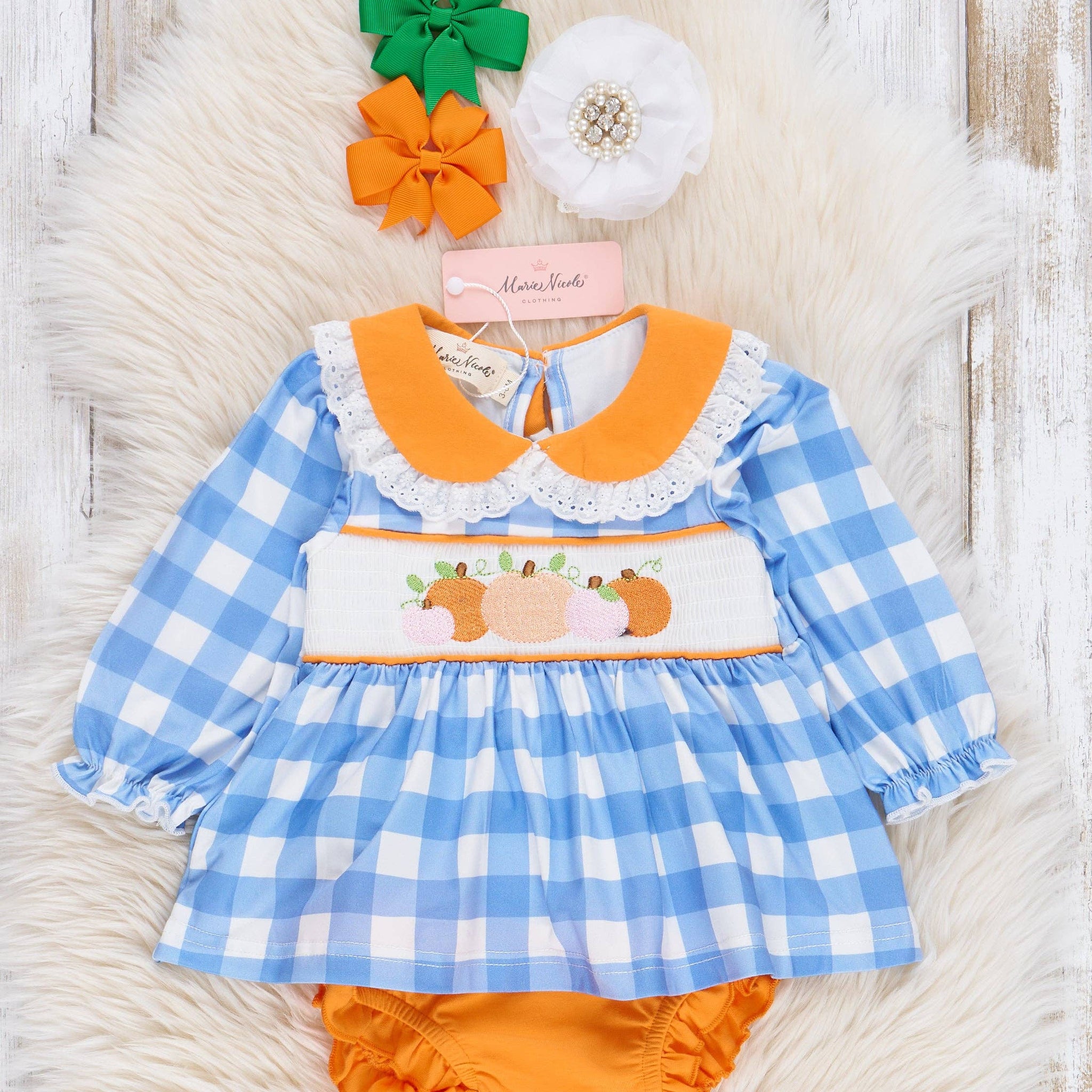 Blue Plaid & Pumpkin Smocked Bloomers Outfit