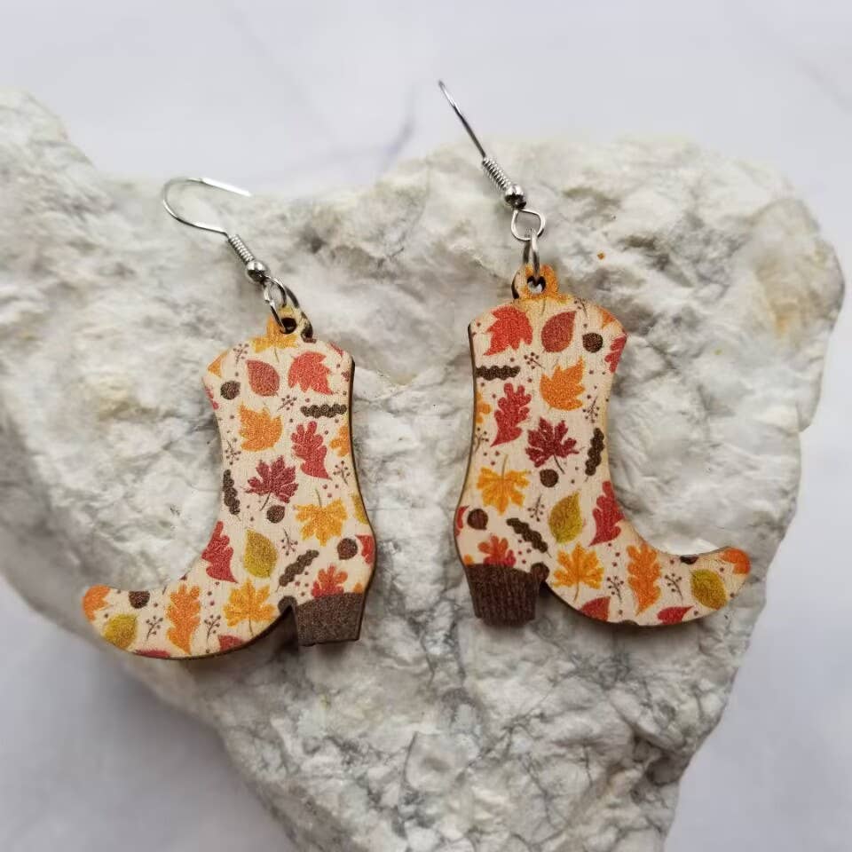 Fall Maple Leaf Cowgirl Boots Earrings