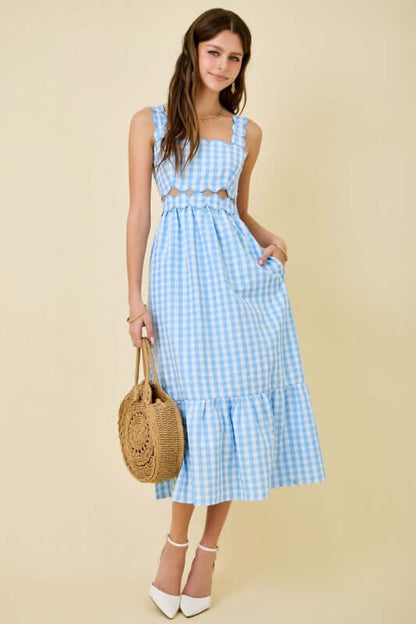Day + Moon spring gingham midi dress with scalloped details, showcasing a flowy fabric and classic pattern perfect for warm weather.