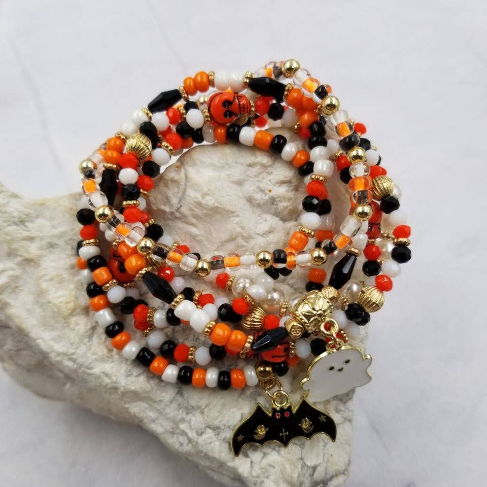Halloween Ghosts and Bats Bead Bracelet - Set Of 7