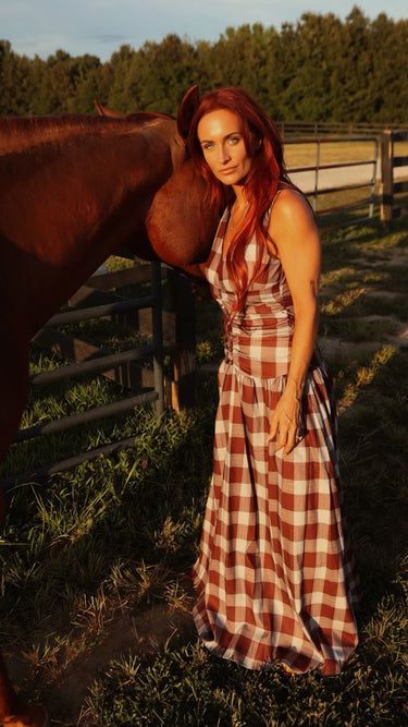 Brown Plaid Ruched Bodice Maxi Dress