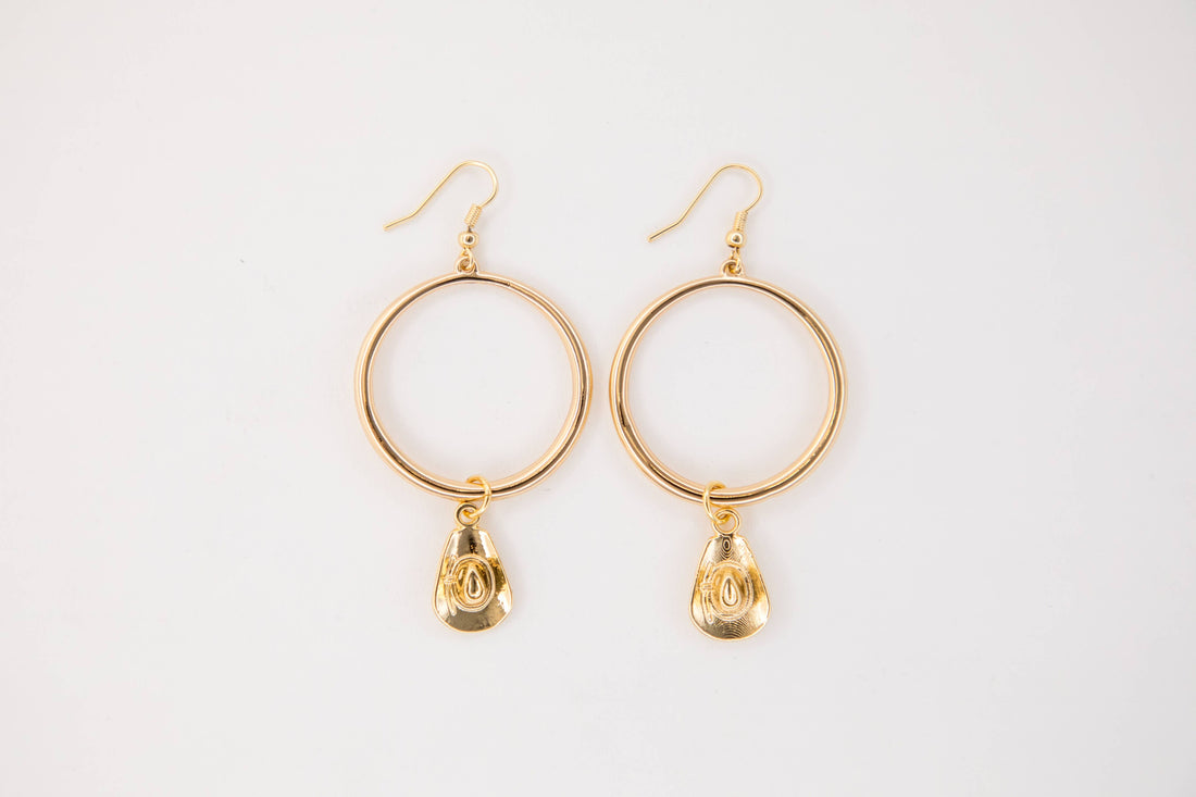 3" 18K Gold Plated Hoop Earring on Fishook with Cowboy Hat