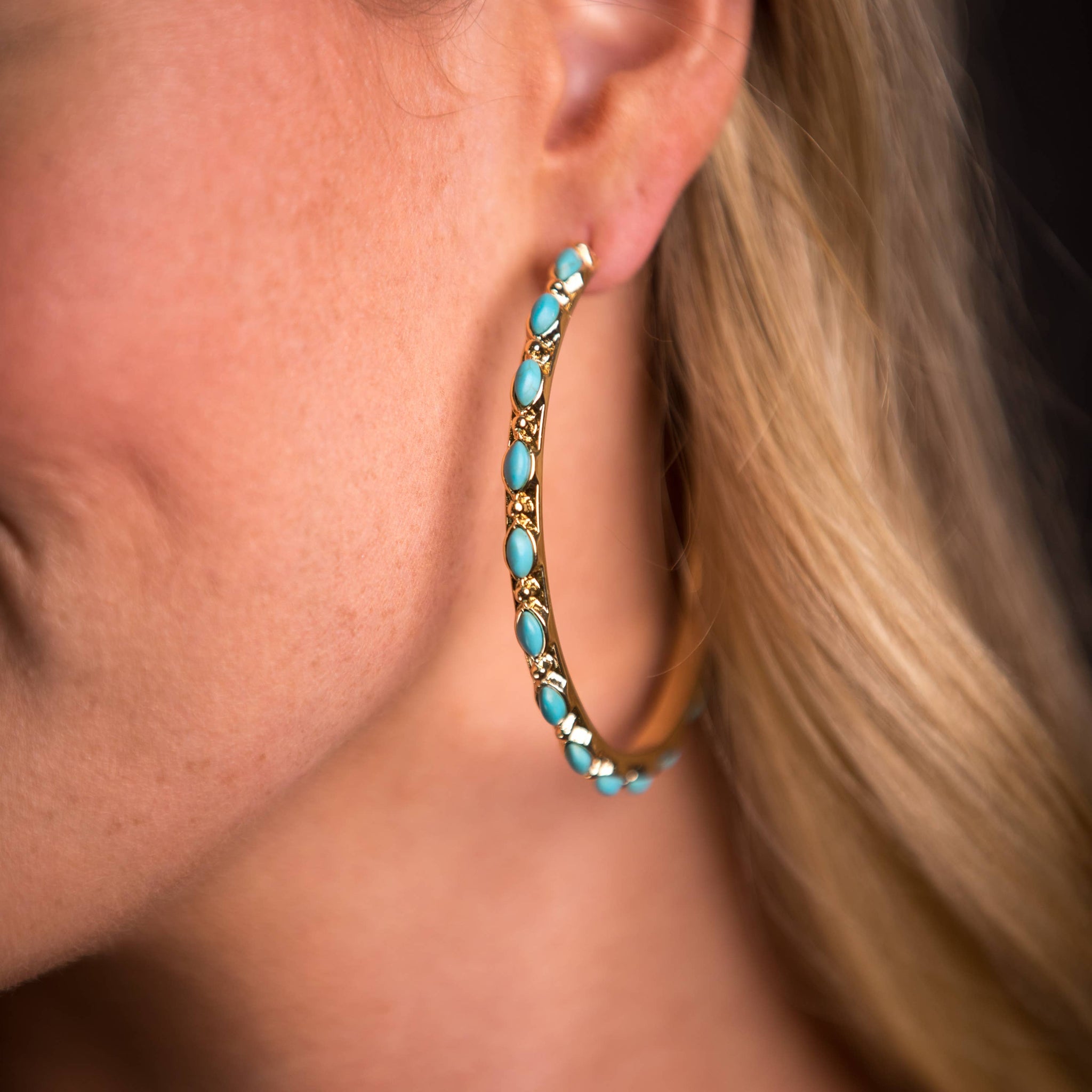 2.5" Gold and Turquoise Petitie Point Style Hoop Earring