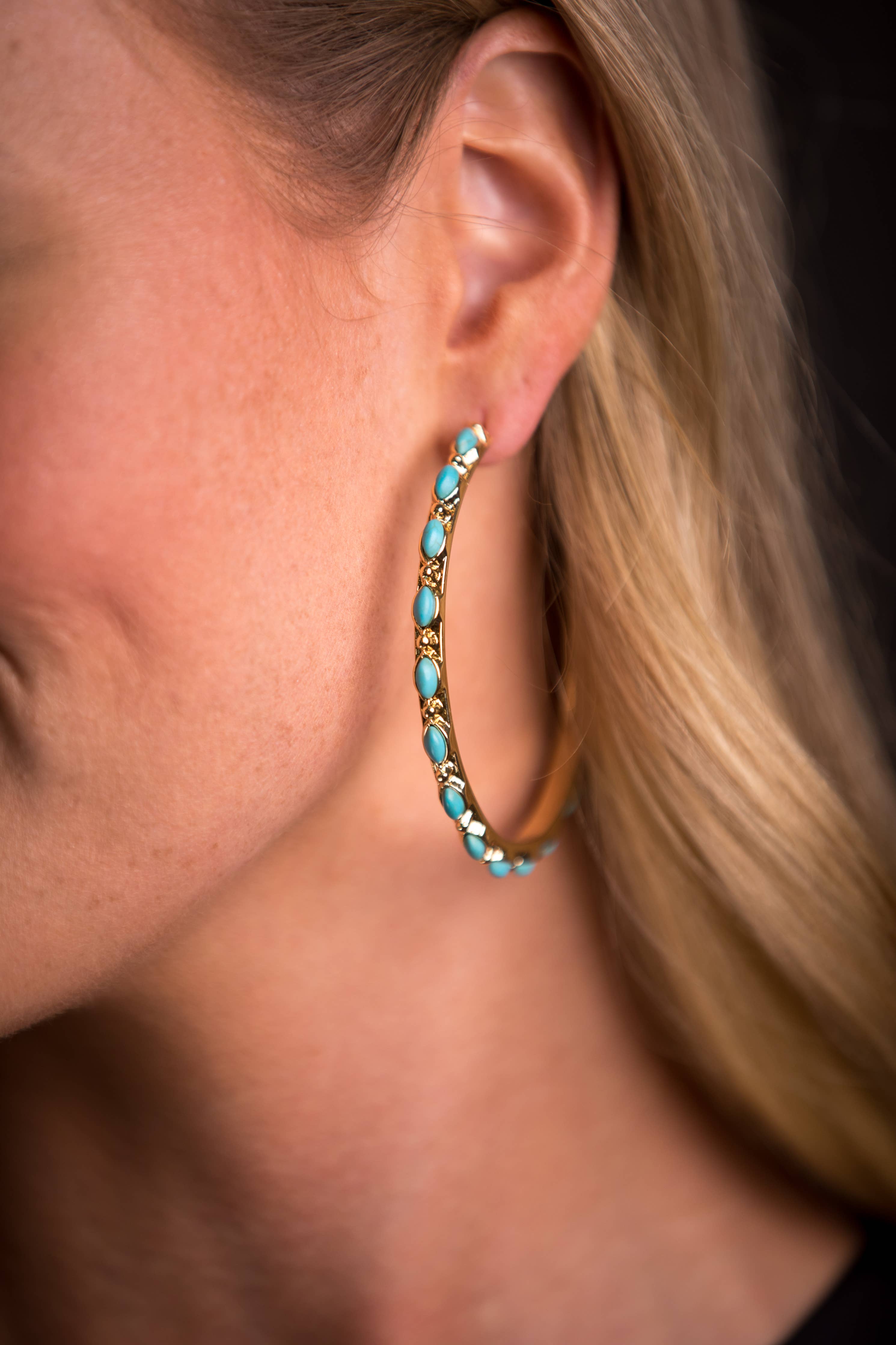 2.5" Gold and Turquoise Petitie Point Style Hoop Earring