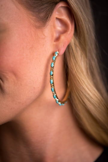 2.5" Gold and Turquoise Petitie Point Style Hoop Earring