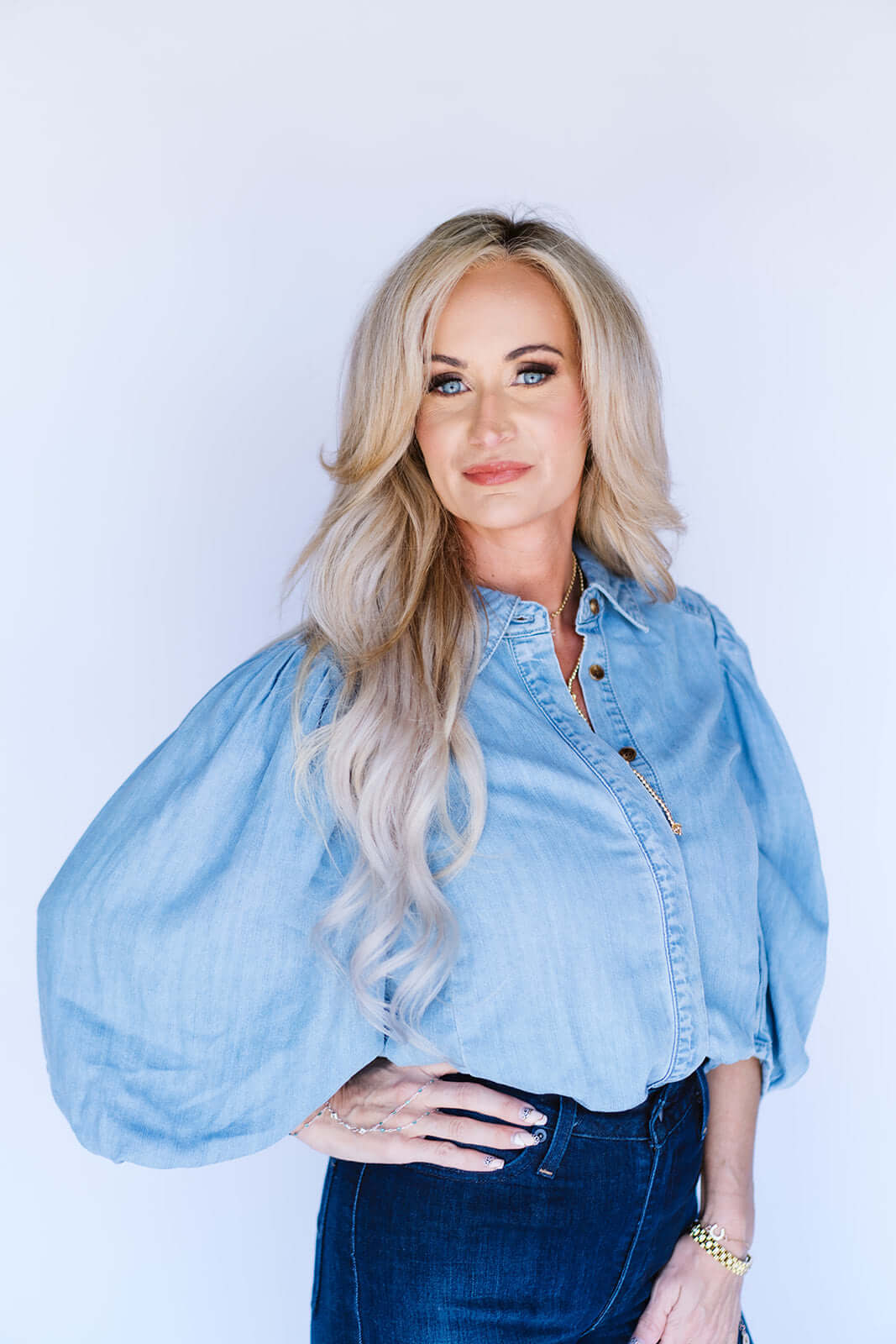 Blueivy denim button-down puff sleeve shirt, casual tops with structured fit and stylish puffed sleeves, perfect for everyday wear.
