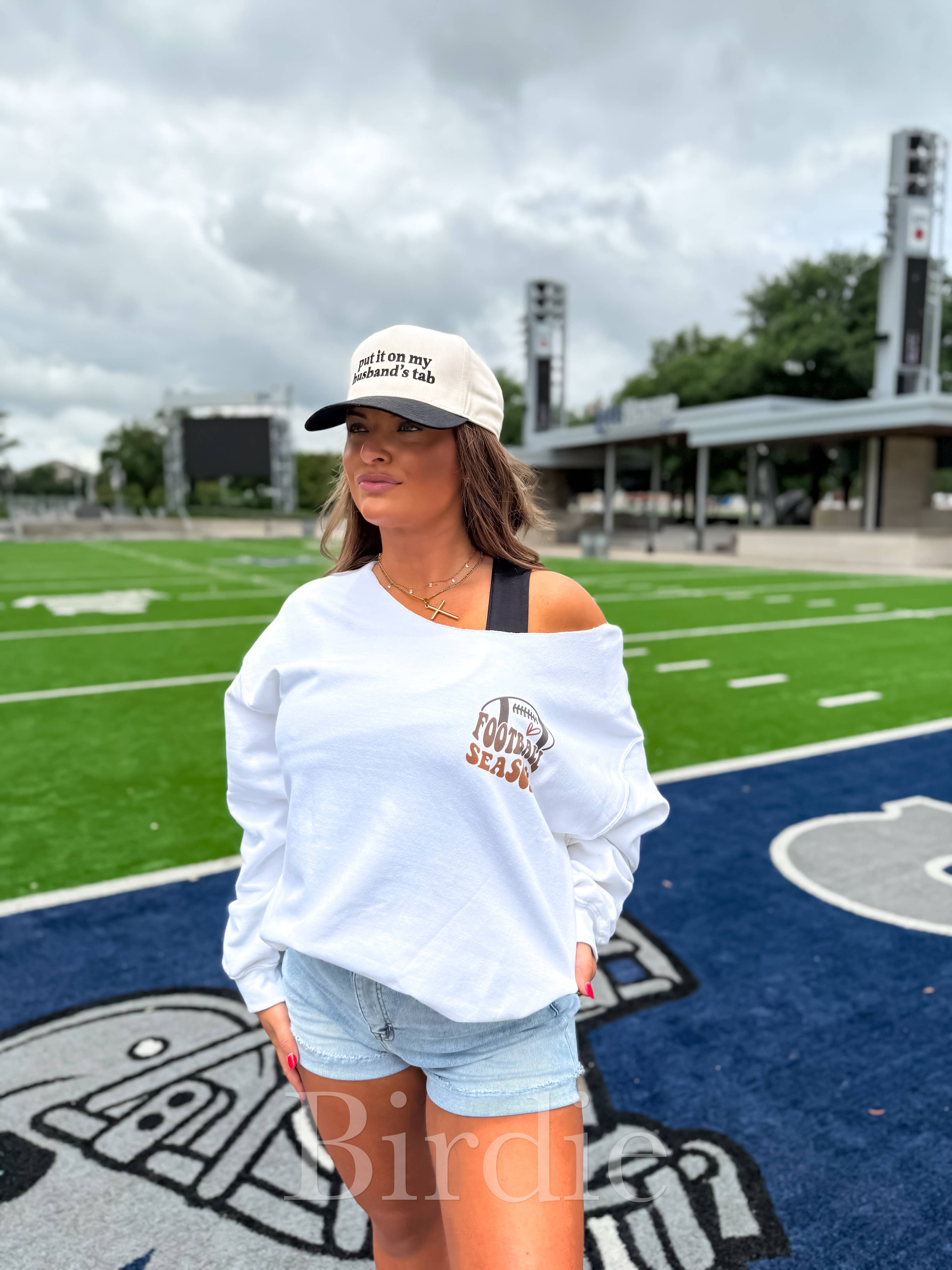 Sorry Can't Football Season White Graphic Off Shoulder Crew