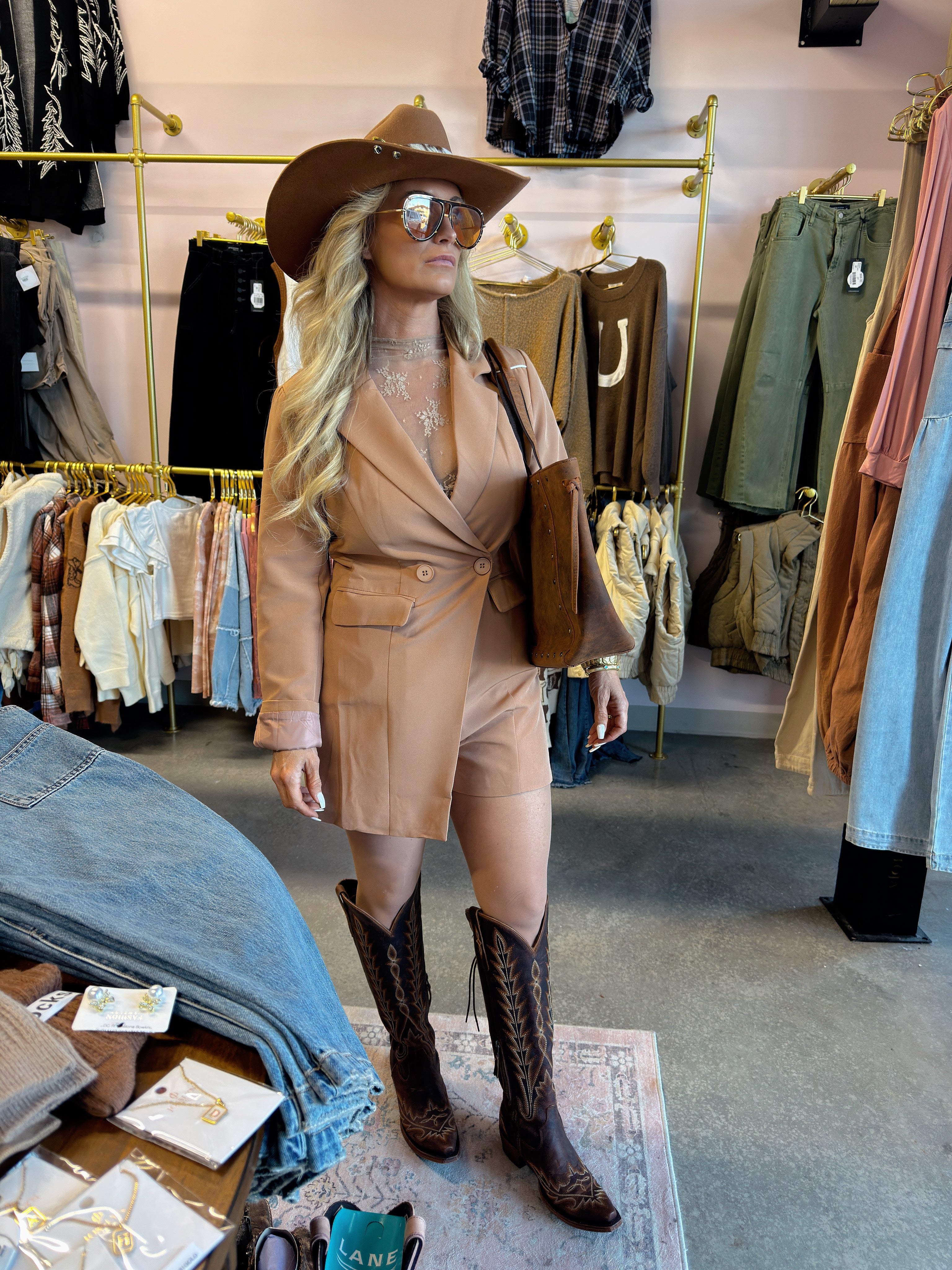 Camel Long Sleeve Blazer Romper