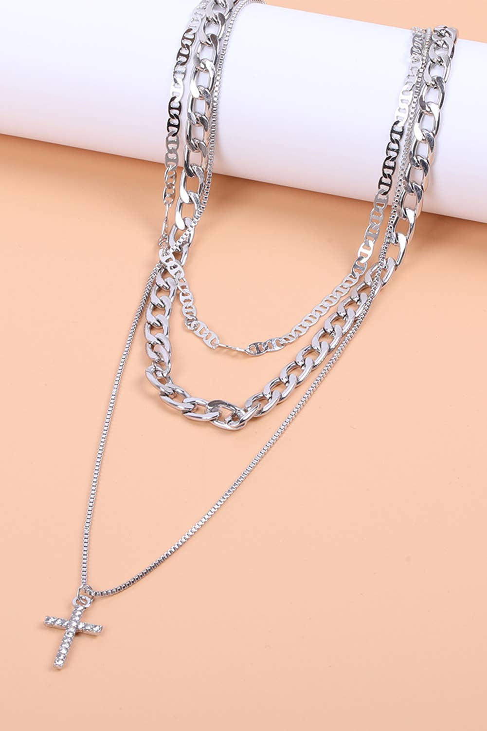 Plated Cross Pendant Multi Layer Stacked Chains Necklace