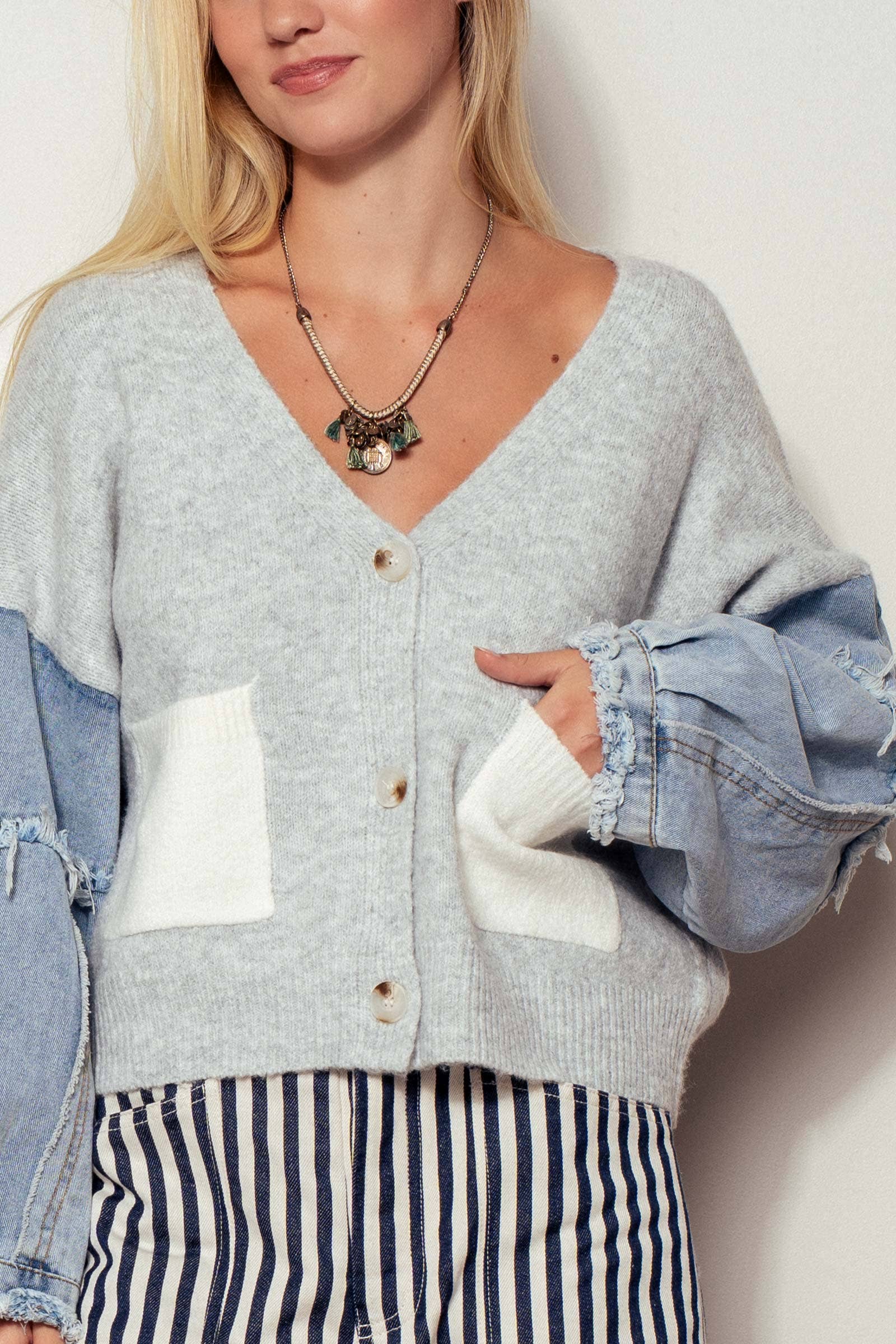 Denim Sleeve Knit Cardigan Casual Sweater Top