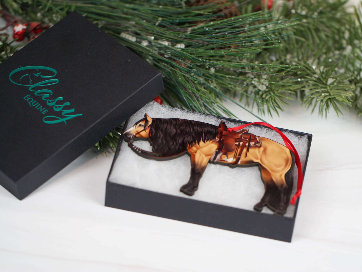 Buckskin Western horse ornament featuring a paint horse design, ideal for Christmas decor, by Classy Equine.