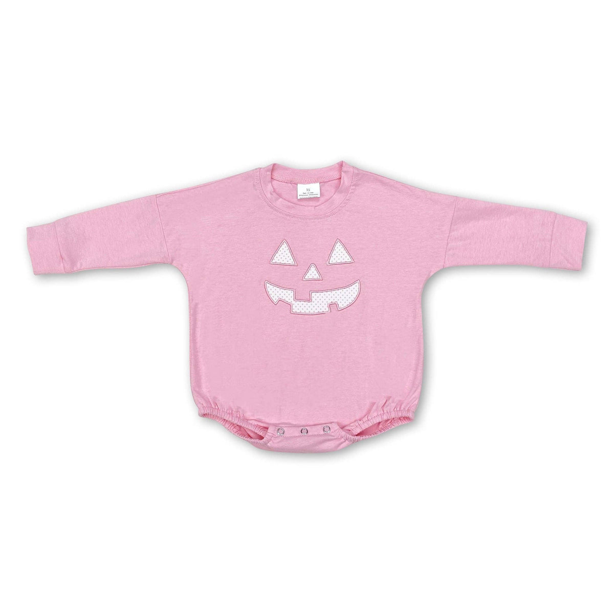 Pink long sleeve pumpkin Halloween romper for baby girls by Yawoo Garments, featuring cute pumpkin design for kids and baby wear.