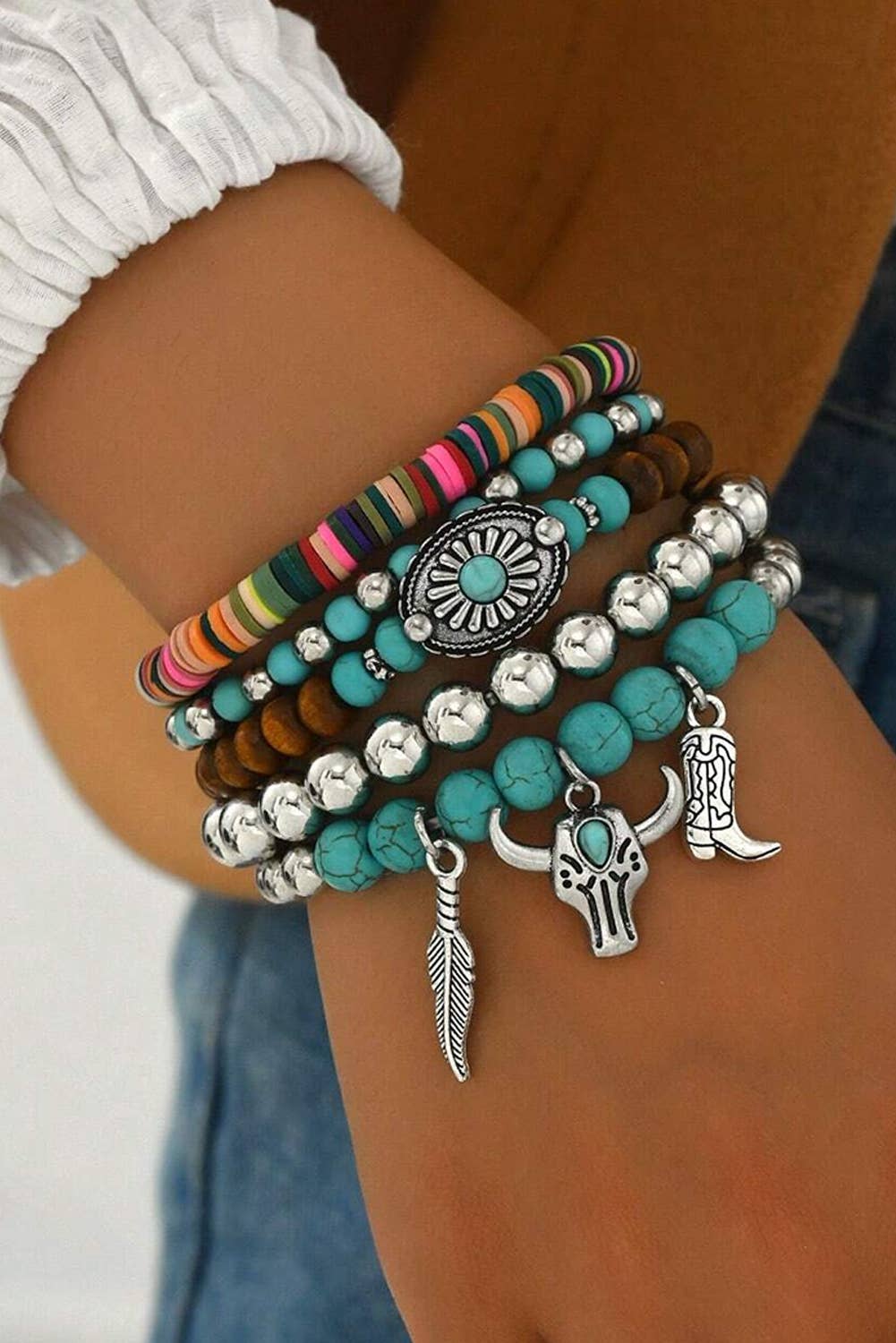 Western Pattern Turquoise Beaded Multi Layer Bracelet Set