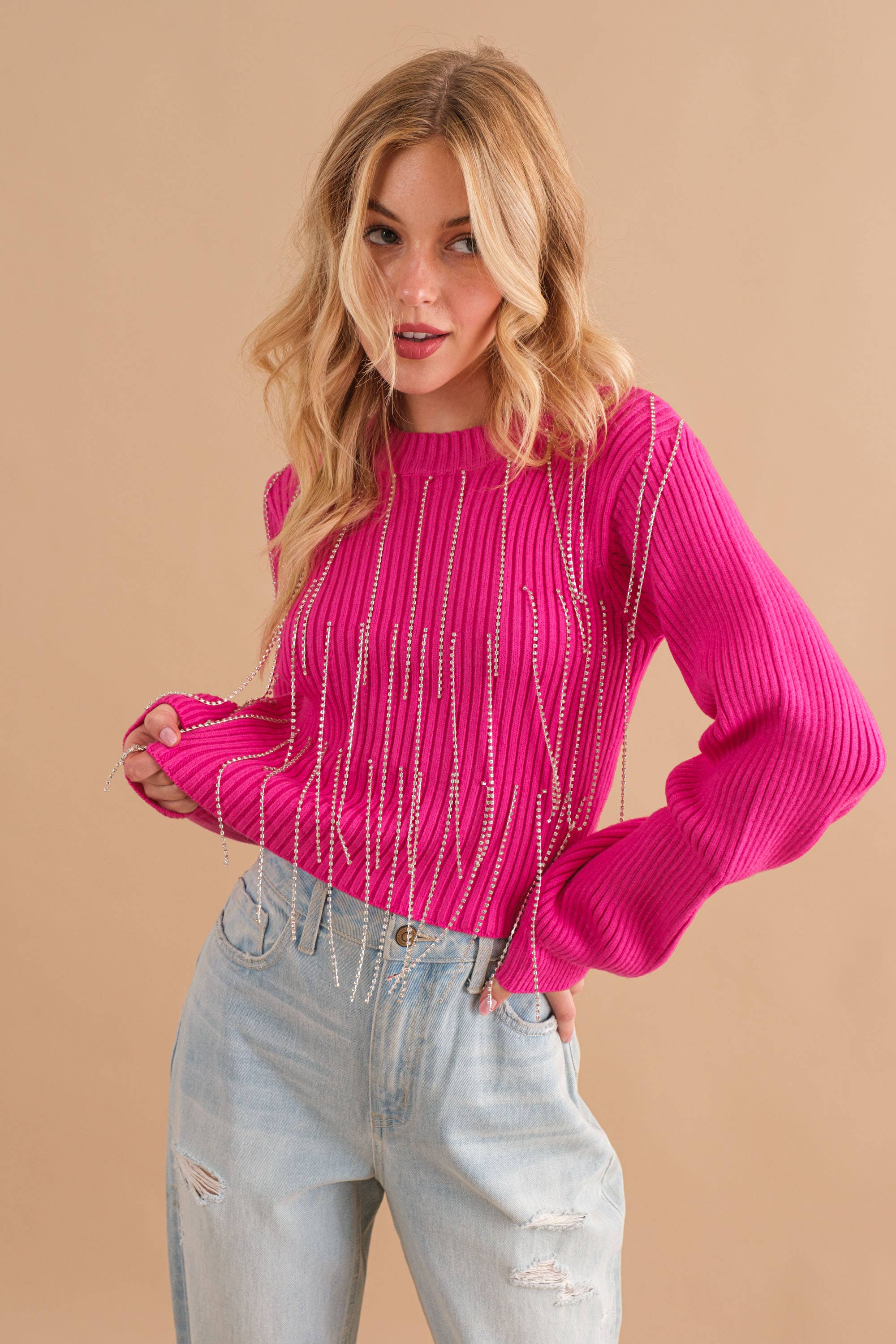 Ribbed Mock Neck Rhinestone Fringe Crop Sweater