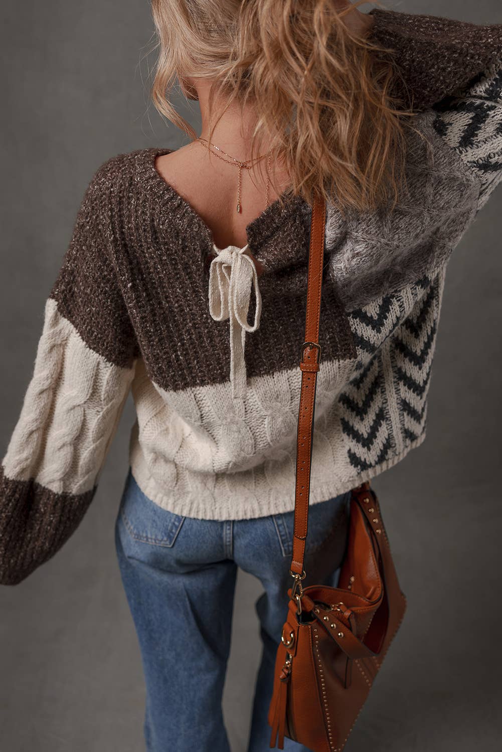LDC Color Block Patchwork Knotted Back Loose Fit Sweater