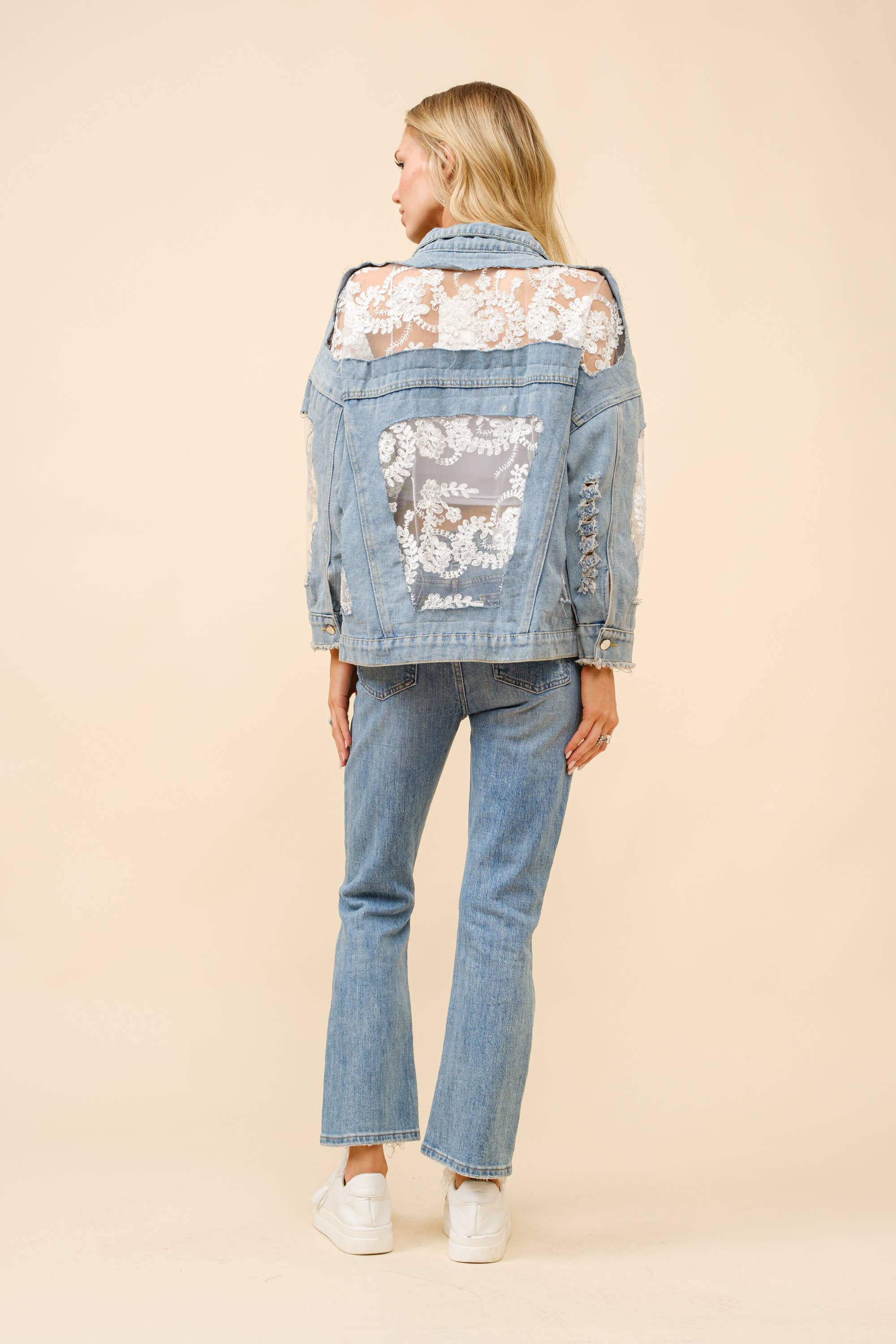 Lace Inset Raw Detail Oversized Denim Jacket