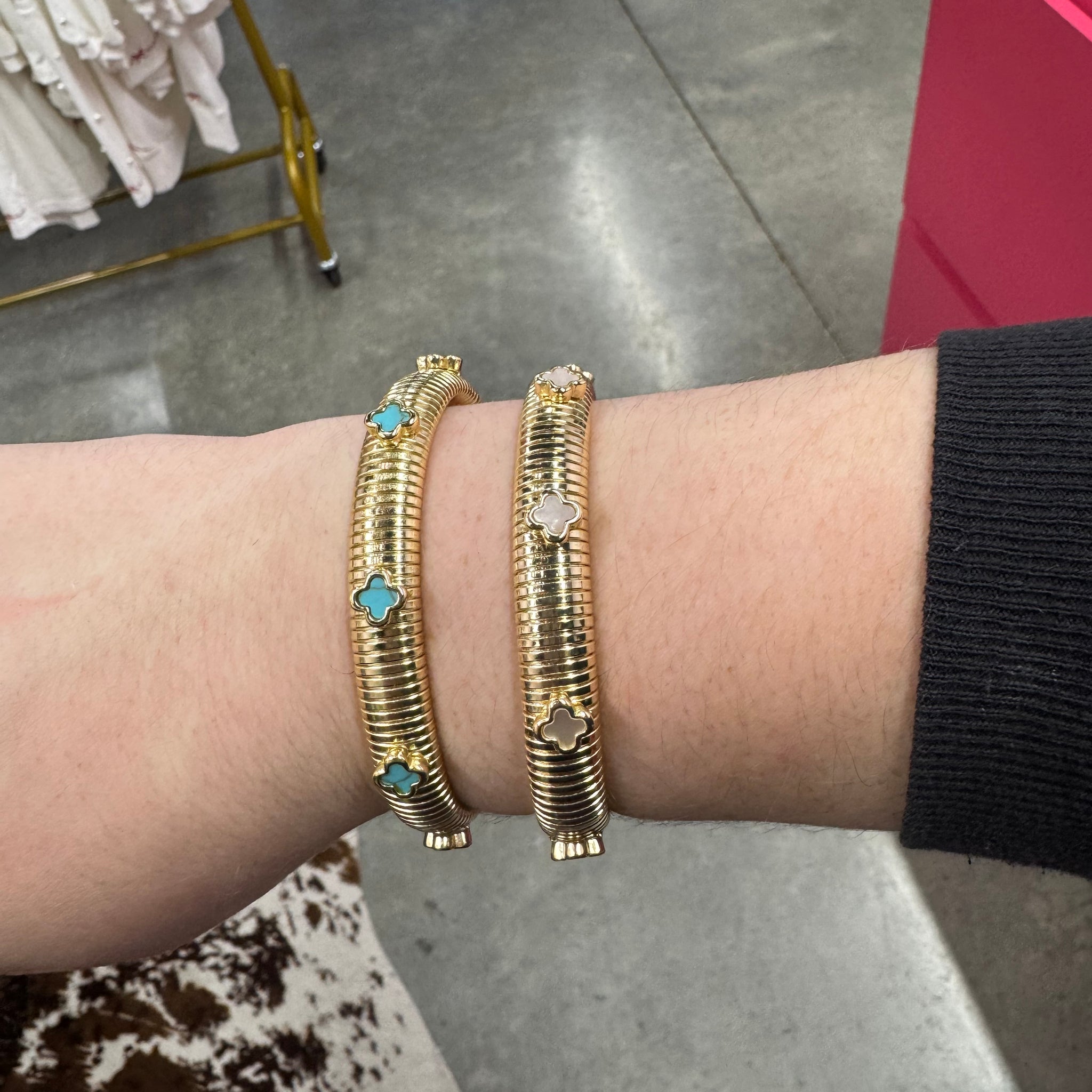 Gold Cuff Bracelet With Flower Pendant